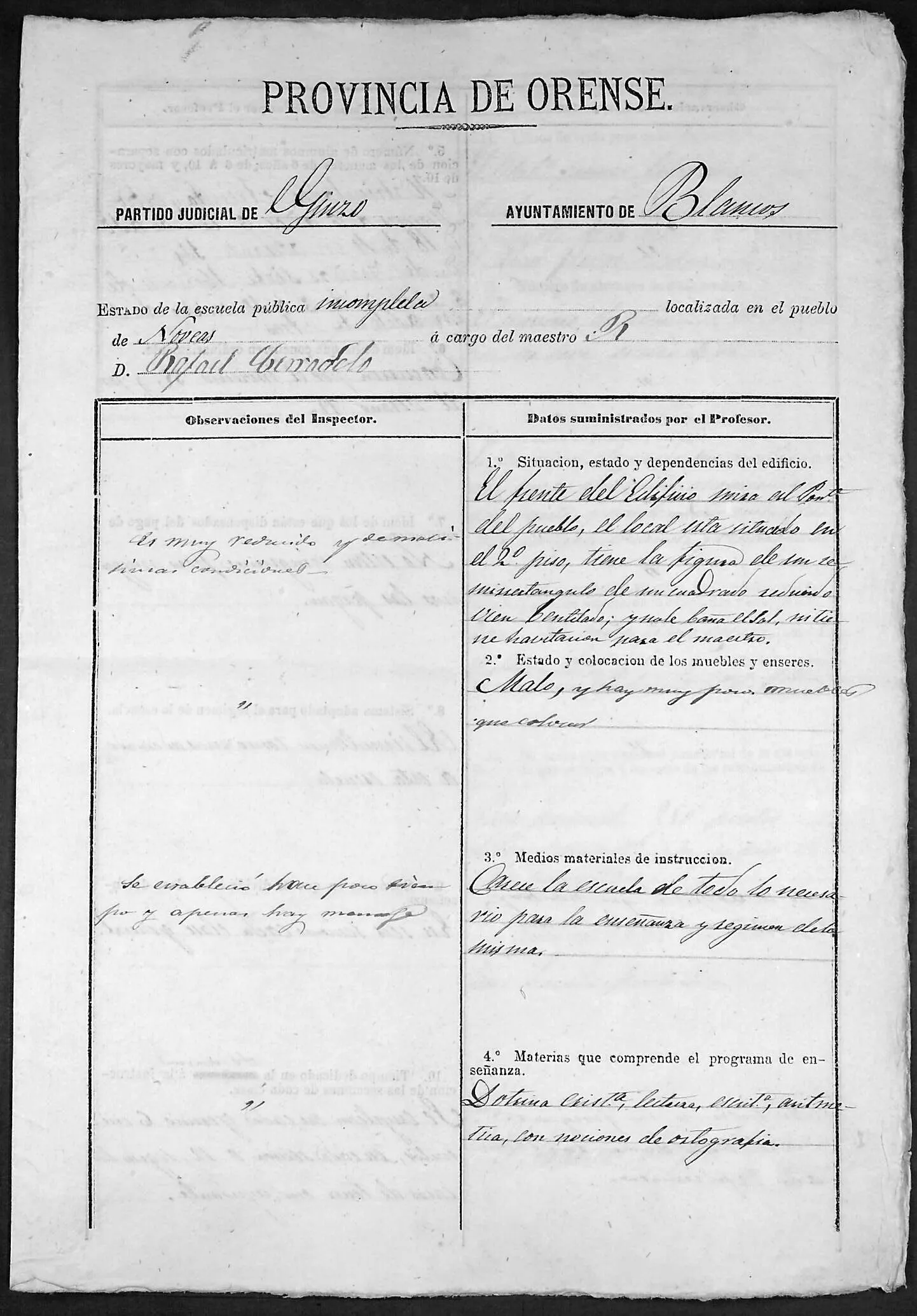 Impreso de la Provincia de Orense de 1878 sobre la escuela de Nóveas, rellenado a mano