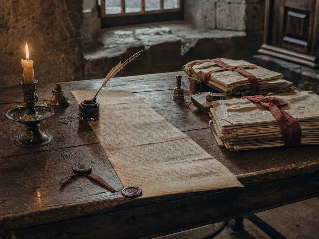 Recreación: la mesa de un escribano del siglo XVIII, con una pluma, lacre y legajos atados