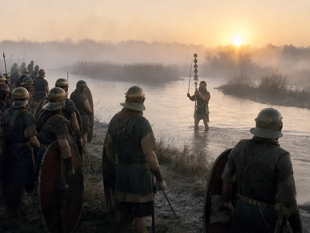 Recreación: legionarios romanos ante un río con niebla al amanecer; su general ya está en el agua con el estandarte