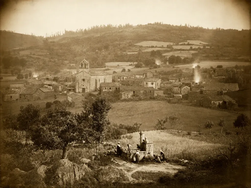 Recreación con aspecto de foto antigua: una aldea gallega de casas de piedra alrededor de la iglesia