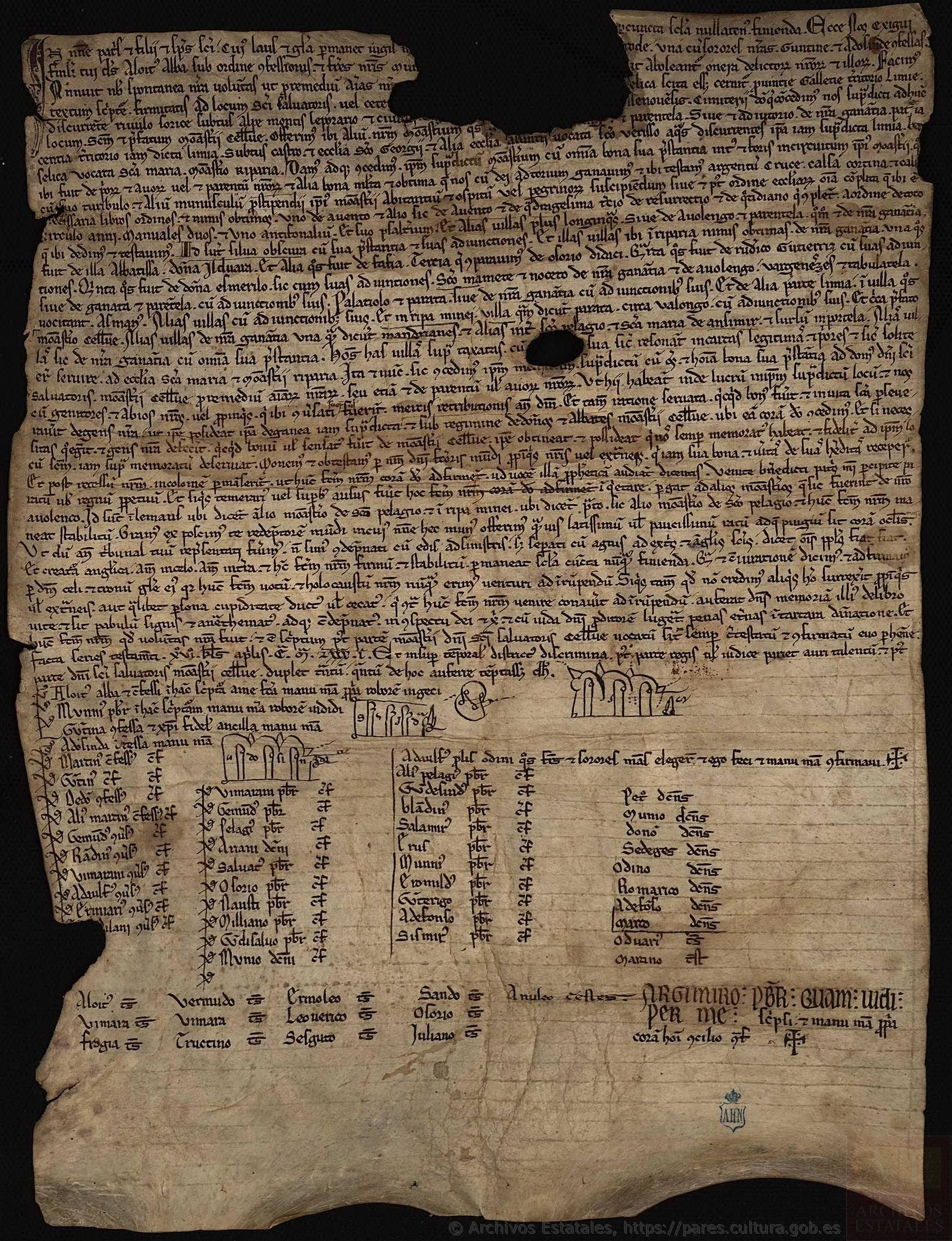 Pergamino medieval escrito en letra visigótica, con agujeros y bordes gastados