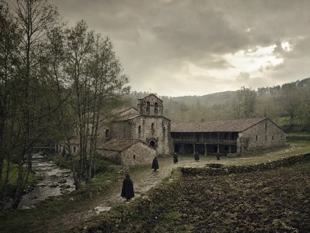 Recreación: un pequeño monasterio medieval de piedra junto a un arroyo, con monjes cruzando el patio