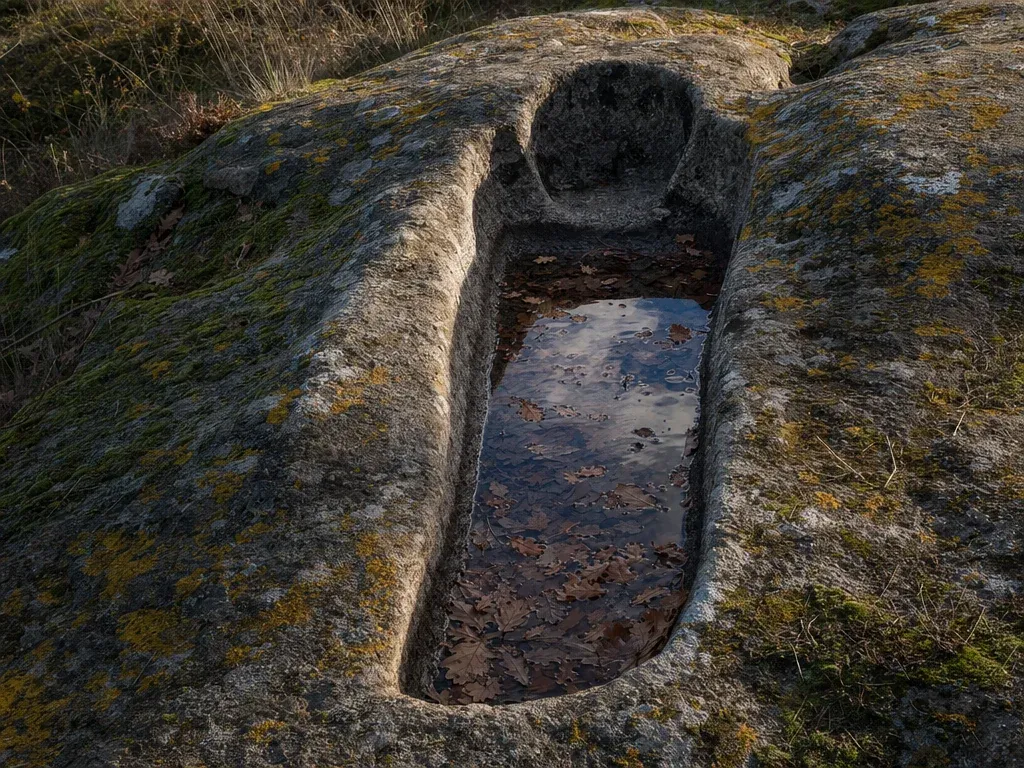 Recreación: una tumba medieval excavada en la roca, con forma de cuerpo y agua de lluvia en el fondo