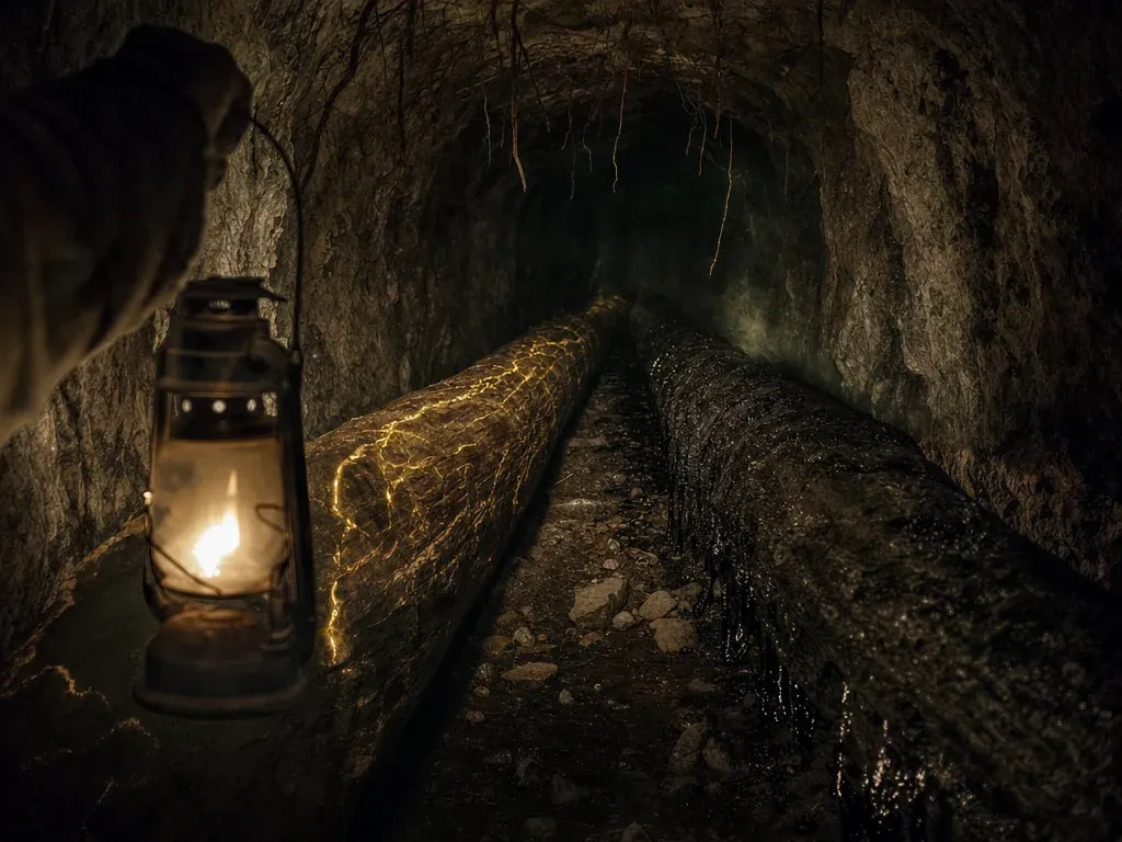 Recreación de la leyenda: un túnel bajo el pueblo con un farol y dos trabes gigantes, una con vetas de oro
